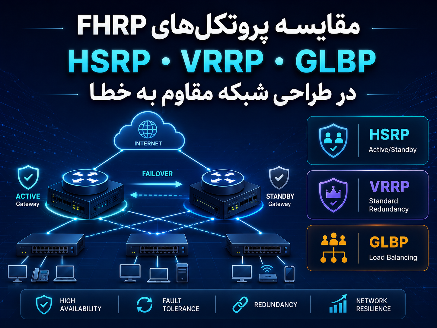 Fault Tolerance و FHRP چیست؟ مقایسه HSRP، VRRP، GLBP و معماری Active/Active